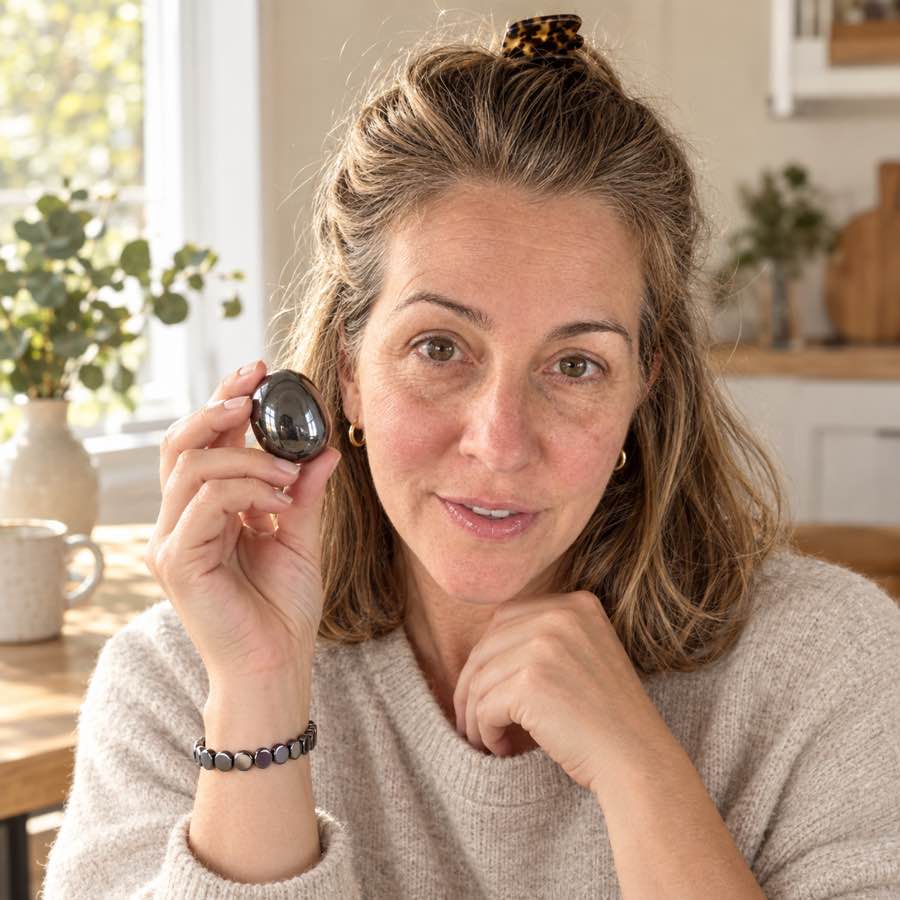 A woman in her forties smiling and holding a polished hematite stone, wearing the dark HAIMA bracelet